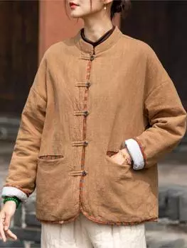 Johnature женские льняные парки в китайском стиле с длинными рукавами и пуговицами, однотонные пальто, зимние винтажные теплые женские парки One Size чёрный