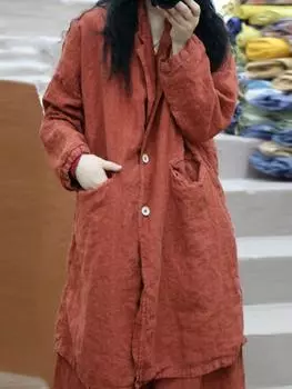 Johnature женские льняные повседневные свободные пальто однотонные простые корейские стильные одежда с длинными рукавами весеннее пальто на пуговицах One Size зелёный