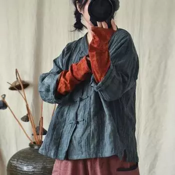 Johnature женские льняные рубашки в китайском стиле, топы с длинными рукавами и пуговицами, однотонные блузки, весенние женские винтажные рубашки One Size хаки