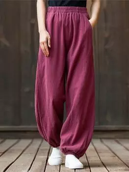Johnature женские льняные широкие брюки 8 цветов винтажные эластичные талии весенние брюки с карманами свободные повседневные женские длинные брюки S темно-синий
