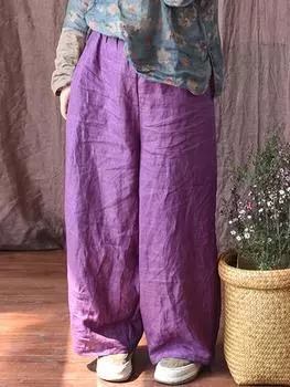 Johnature женские льняные широкие брюки однотонные свободные брюки с эластичной резинкой на талии весенняя женская одежда повседневные брюки One Size фиолетовый