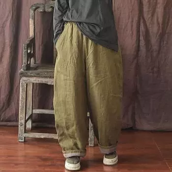 Johnature женские льняные свободные теплые хлопковые брюки с эластичной резинкой на талии, однотонные свободные винтажные брюки, зимние широкие брюки One Size чёрный