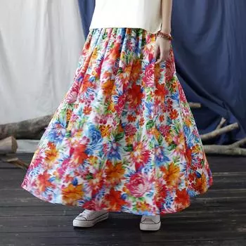 Johnature женские льняные юбки с цветочным принтом и эластичной резинкой на талии, винтажная одежда, осенние женские высококачественные юбки трапециевидной формы