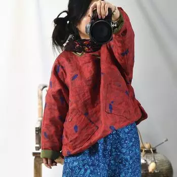 Johnature Женские льняные зимние парки в китайском стиле с цветочным принтом и круглым вырезом с длинными рукавами, винтажные теплые женские парки One Size красный