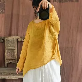 Johnature женские летние футболки Ramie с круглым вырезом и длинными рукавами, однотонные футболки высокого качества, повседневные мягкие женские футболки One Size cerise розовый