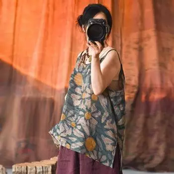 Johnature женские летние майки с цветочным принтом Ramie, футболки высокого качества, свободная женская одежда, винтажные майки One Size фиолетовый