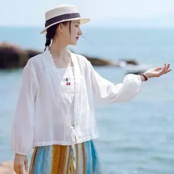 Johnature женские летние рубашки белые винтажные хлопковые блузки с поясом свободные повседневные топы с v-образным вырезом женские кружевные рубашки с длинными рукавами M белый