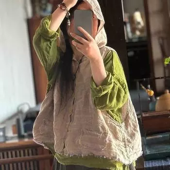 Johnature Женские летние рубашки без рукавов с капюшоном, однотонные свободные винтажные топы на пуговицах, летние блузки в китайском стиле One Size светло-желтого