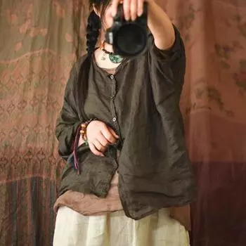 Johnature женские летние рубашки Ramie в китайском стиле с круглым вырезом и длинными рукавами, однотонные топы на пуговицах, свободные винтажные рубашки One Size светло-желтого