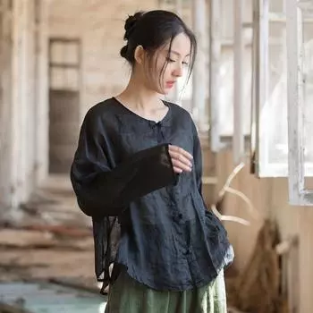 Johnature Женские летние рубашки Топы с круглым вырезом Длинные рукава Блузки на пуговицах Высококачественные повседневные свободные женские рубашки One Size зелёный