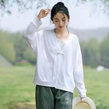 Johnature Женские летние рубашки в китайском стиле с v-образным вырезом и длинными рукавами, однотонные топы, летние винтажные рубашки на пуговицах, блузки L белый