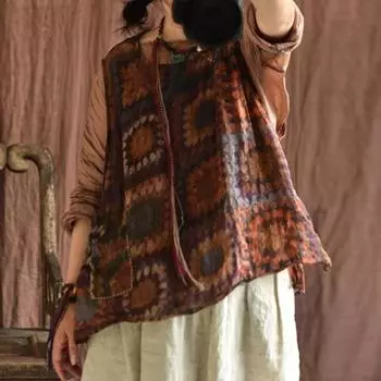 Johnature женские летние топы Ramie на бретелях с круглым вырезом и цветочным принтом, женская одежда высокого качества с карманами, женская майка One Size темный кофе