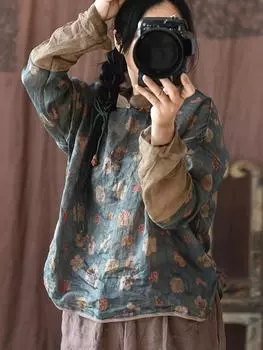 Johnature женские лоскутные цветные рубашки в китайском стиле весенние блузки на пуговицах с цветочным принтом женские рубашки One Size синий