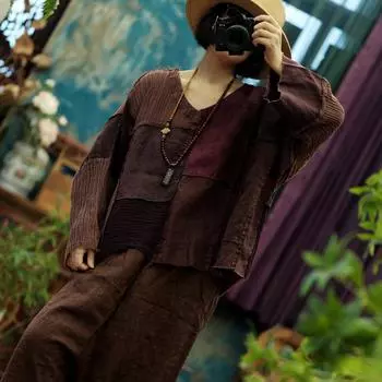 Johnature Женские лоскутные цветные винтажные футболки с рукавами летучая мышь Осенние свободные футболки в китайском стиле One Size