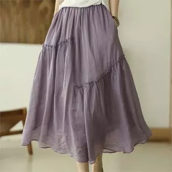 Johnature Женские лоскутные винтажные юбки с эластичной талией, однотонные, высококачественные ткани, мягкие женские юбки А-силуэта One Size светло-синий