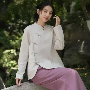 Johnature Женские махровые рубашки в китайском стиле с длинным рукавом, осенние однотонные винтажные свободные рубашки на пуговицах M кофейный