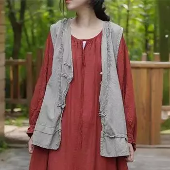 Johnature Женские майки в китайском стиле, однотонные, на пуговицах, весенние, винтажные, женские, свободные жилеты One Size серый