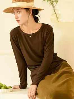 Johnature женские однотонные хлопковые осенние футболки с длинными рукавами, мягкие повседневные женские футболки M чёрный