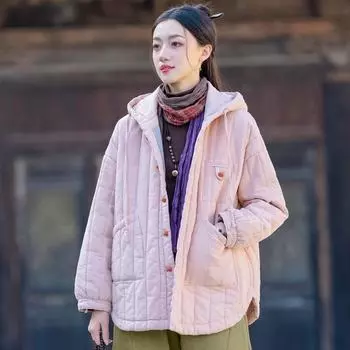 Johnature Женские однотонные пальто с капюшоном на пуговицах, зимние теплые пальто в китайском стиле с карманами One Size бежевый