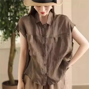 Johnature Женские однотонные рубашки без рукавов с отложным воротником и пуговицами Летние карманы Женские винтажные блузки Топы One Size чёрный