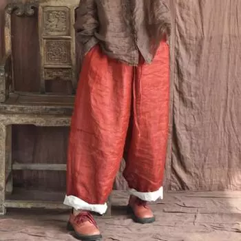 Johnature женские однотонные широкие брюки Ramie с эластичной резинкой на талии, весенние свободные двухслойные женские длинные брюки из ткани One Size кофейный