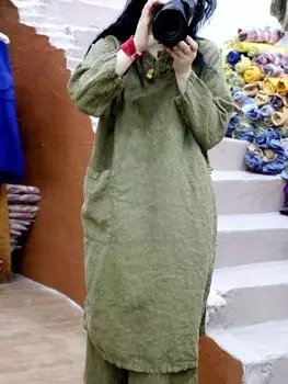 Johnature женские однотонные свободные платья с длинными рукавами и пуговицами, карманное платье, весенняя одежда в китайском стиле One Size зелёный