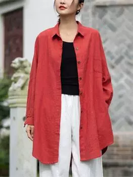 Johnature женские однотонные весенние рубашки средней длины отложные цветные топы на пуговицах Ramie повседневные женские блузки One Size чёрный