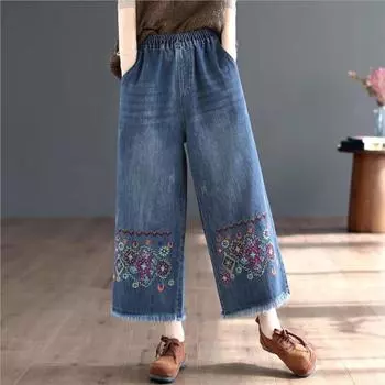 Johnature женские осенние джинсовые широкие брюки с вышивкой и цветочным принтом, синие свободные брюки с эластичной резинкой на талии, женские брюки до щиколотки L синий