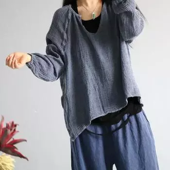 Johnature женские осенние льняные винтажные однотонные футболки с круглым вырезом и длинными рукавами свободный повседневный пуловер женская футболка One Size синий