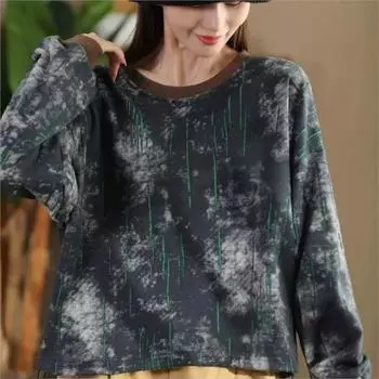 Johnature Женские осенние модные повседневные топы с принтом тай-дай, винтажные топы с круглым вырезом и длинными рукавами в стиле ретро One Size