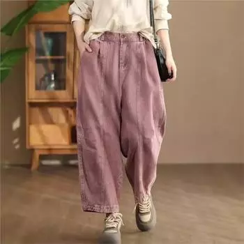 Johnature женские осенние нишевые повседневные однотонные ковбойские брюки в китайском стиле стирающиеся индивидуальные брюки One Size розовый
