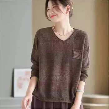 Johnature Женские Осенние Нишевые Винтажные Трикотажные Свободные V-образные Вырезы Длинные Рукава Ретро Личность Трикотажные Свитера One Size