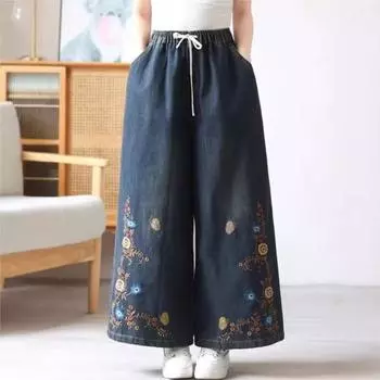 Johnature Женские Осенние Нишевые Вышитые Свободные Повседневные Широкие Брюки Стирающиеся Винтажные Индивидуальные Брюки L чёрный