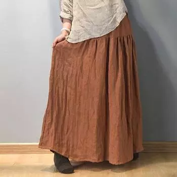 Johnature женские осенние однотонные льняные юбки, осенняя новая женская одежда с эластичной резинкой на талии, свободные плиссированные юбки One Size чёрный