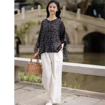 Johnature Женские осенние повседневные нишевые прямые брюки с эластичной талией, модные свободные брюки в китайском стиле One Size