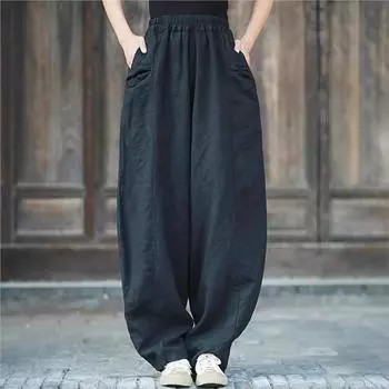 Johnature женские осенние свободные брюки с эластичной резинкой на талии модные повседневные ретро винтажные однотонные брюки One Size чёрный
