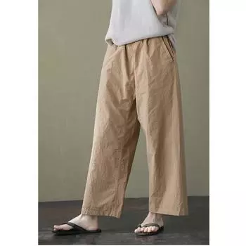 Johnature Женские осенние свободные прямые брюки с эластичной талией, повседневные однотонные хлопковые винтажные брюки M хаки