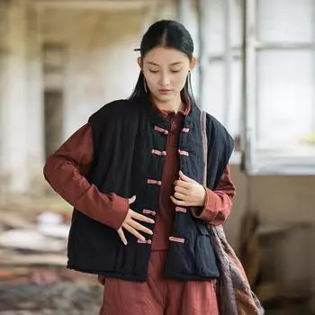 Johnature Женские пальто в китайском стиле с пуговицами, однотонные, осенние, пэчворк, цветные, женские пальто с карманами One Size чёрный