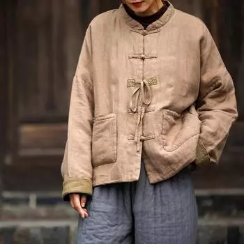 Johnature женские парки на пуговицах в китайском стиле, однотонные лоскутные зимние пальто с карманами, винтажные льняные теплые парки One Size хаки