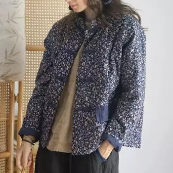 Johnature женские парки на пуговицах в китайском стиле, зимние синие пальто с длинными рукавами и цветочным принтом, плюс хлопковая одежда, парки One Size цветочный/синий