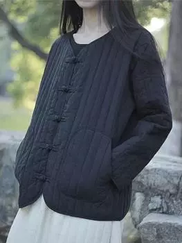 Johnature женские парки на пуговицах в китайском стиле с v-образным вырезом и длинными рукавами, однотонные зимние пальто, женские парки в стиле пэчворк с карманами One Size бежевый