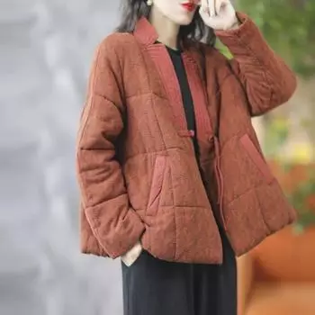 Johnature женские парки с цветочным принтом в китайском стиле, зимние пальто на одной пуговице с v-образным вырезом и длинными рукавами, теплые лоскутные парки