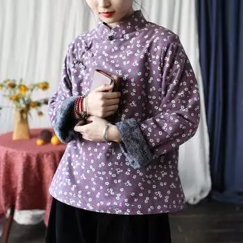Johnature женские парки с фиолетовым принтом и цветочным принтом, зимние пальто с длинными рукавами и пуговицами, теплые винтажные хлопковые женские парки One Size фиолетовый