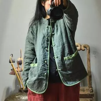 Johnature женские парки в китайском стиле, хлопково-льняные пальто на пуговицах с длинными рукавами, зимние однотонные теплые свободные парки One Size зелёный