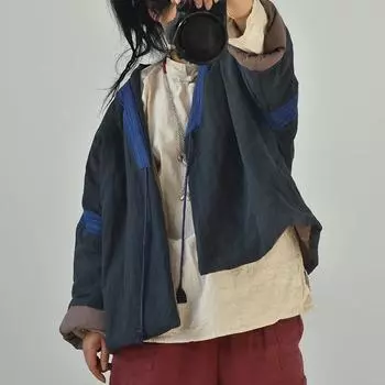 Johnature женские парки в китайском стиле из хлопка и льна, зимние пальто с v-образным вырезом и длинными рукавами, винтажные лоскутные женские парки One Size темно-синий