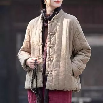 Johnature женские парки в китайском стиле, однотонные зимние пальто со стойкой и длинными рукавами на пуговицах, хлопковые теплые парки One Size чёрный