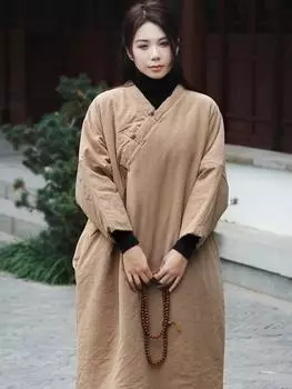 Johnature женские парки в китайском стиле с v-образным вырезом и семью рукавами, винтажное пальто, однотонная одежда трапециевидной формы, зимние парки One Size света кофе