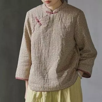 Johnature женские парки в китайском стиле с цветочным принтом и длинными рукавами, зимние пальто на пуговицах, хлопковая одежда, винтажные парки M бежевый