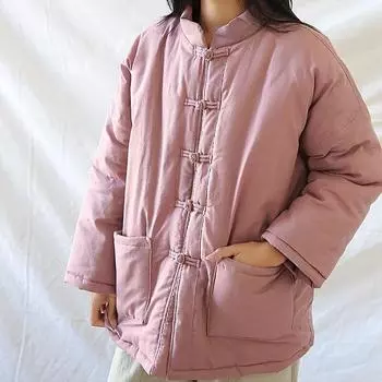 Johnature женские парки в китайском стиле со стойкой, длинными рукавами и пуговицами, лоскутные карманы, однотонные пальто, зимние винтажные пальто One Size бежевый