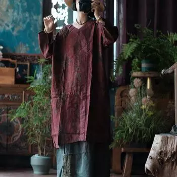 Johnature Женские платья с цветочным принтом и V-образным вырезом, с длинным рукавом, осенние женские платья в китайском стиле, свободные платья One Size